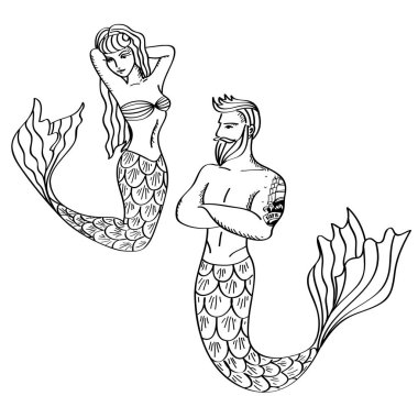 Denizkızları. Çift, güzel erkek ve kadın. Vektör