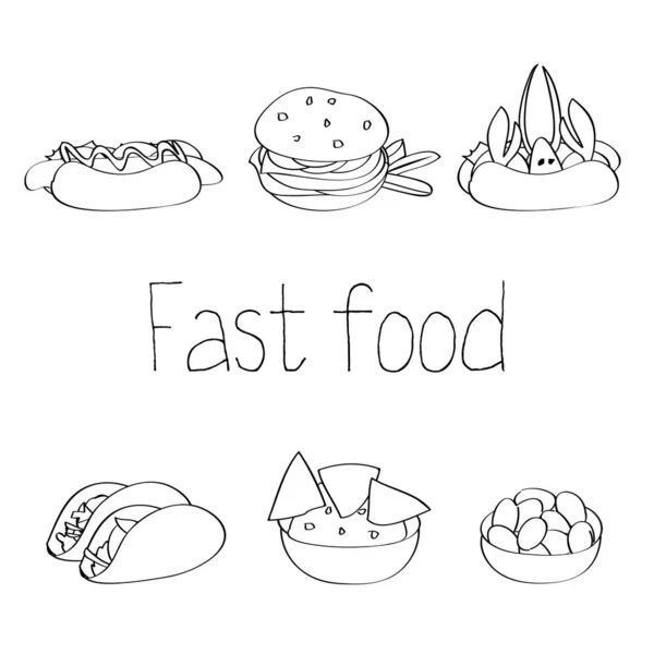 Amerikan ve Meksika fast food. Hamburger, sosisli sandviç, taco, soslu cips, zeytin. Vektör 