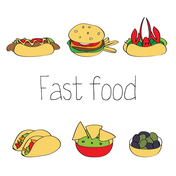 Amerikan ve Meksika fast food. Hamburger, sosisli sandviç, taco, soslu cips, zeytin. Vektör 