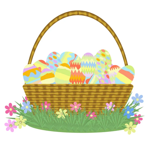 Panier avec oeufs de Pâques sur herbe avec des fleurs — Image vectorielle