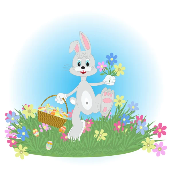 Великодній кролик біжить по газону з букетом квітів — стоковий вектор