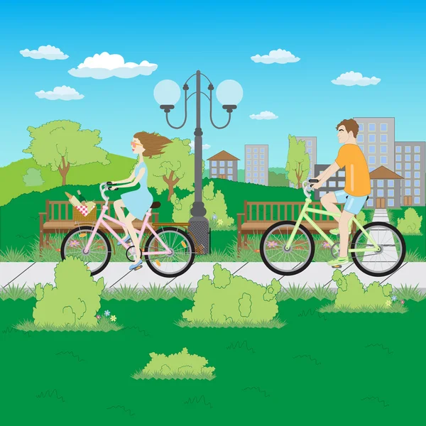 Дівчата і хлопчик їздять на велосипедах — стоковий вектор
