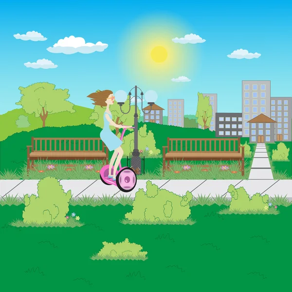 Fille sur un scooter électrique dans le parc — Image vectorielle