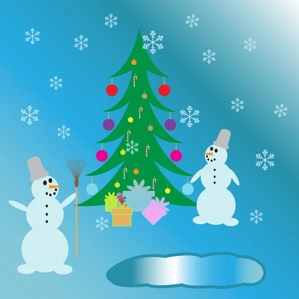 Snowmen near the Christmas tree — Stock Vector