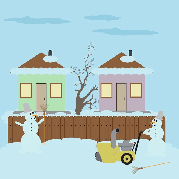 Bonhomme de neige avec un balai et chasse-neige main — Image vectorielle