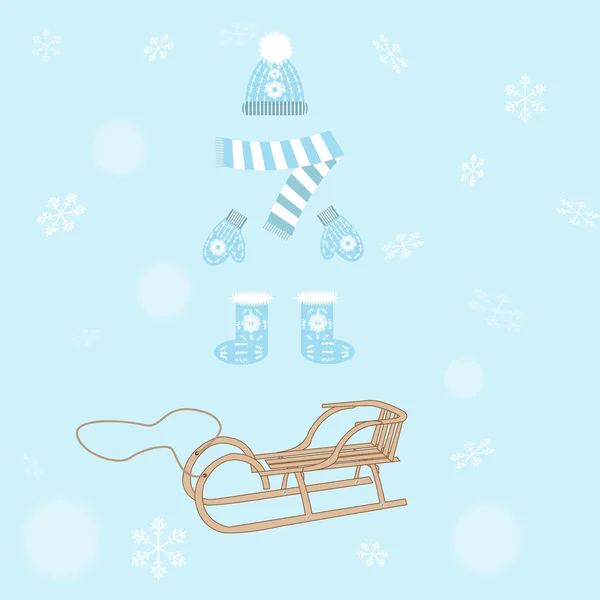冬天的衣物和雪橇 — 图库矢量图片
