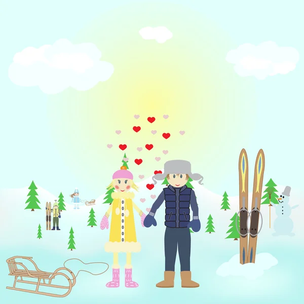 Menino amoroso e menina em férias de inverno — Vetor de Stock