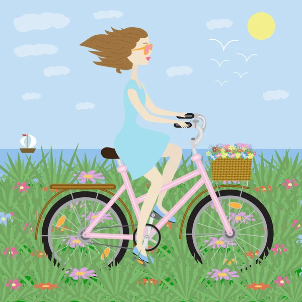 Κορίτσι με κορίτσι ποδήλατο για ποδήλατο σε φόντο της θάλασσας — Διανυσματικό Αρχείο