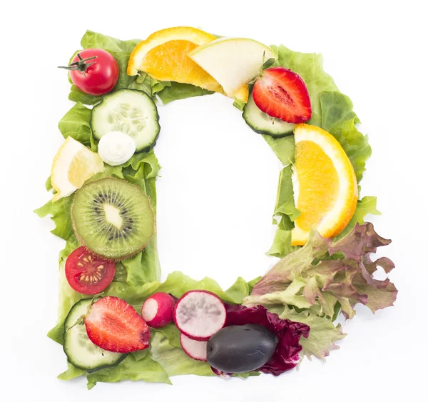 Letter D made of salad and fruits — Stock Photo, Image