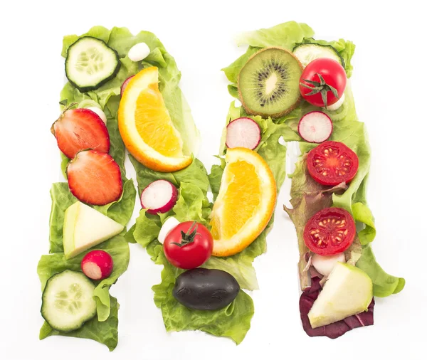 Levél M készült saláta és gyümölcs — Stock Fotó