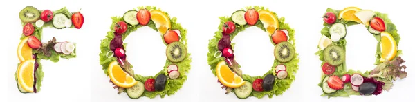 Comida de palavra feita de salada e frutas — Fotografia de Stock