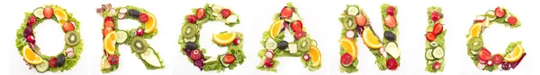 Slovo organický salát a ovoce — Stock fotografie