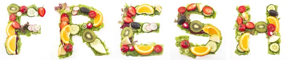 Slovo čerstvý salát a ovoce — Stock fotografie
