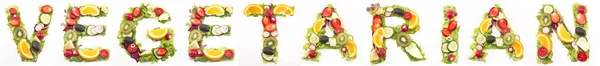 Slovo vegetariánský salát a ovoce — Stock fotografie