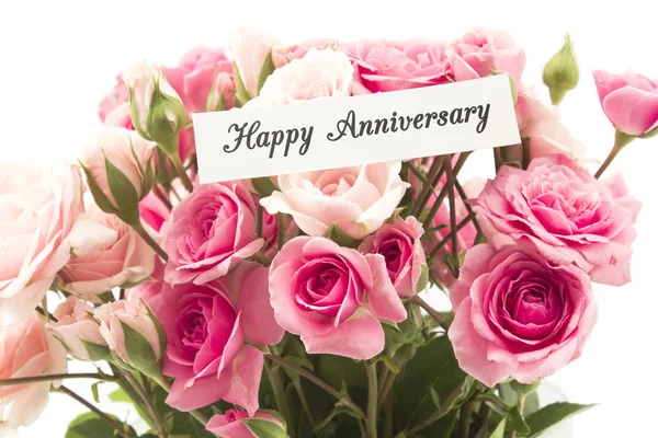 Happy Anniversary Card with Bouquet of Pink Roses — Stock Photo, Image