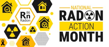 Ulusal Radon Eylem Ayı arka planı, afiş, kart veya poster tasarım şablonu, görev hakkındaki farkındalığı artırmak amacıyla her yıl Ocak ayında gözlemlenmektedir. Vektör illüstrasyonu.