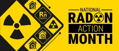 Ulusal Radon Eylem Ayı arka planı, afiş, kart veya poster tasarım şablonu, görev hakkındaki farkındalığı artırmak amacıyla her yıl Ocak ayında gözlemlenmektedir. Vektör illüstrasyonu.