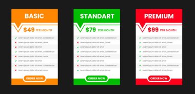 Modern Karanlık Arkaplanda Vibrant Pembe, Turuncu ve Yeşil Renk Şemaları yer alan Temel, Standart ve Premium Seçenekleri ile Profesyonel Üçlü Üyelik Fiyatlandırma Planı Karşılaştırma Masası