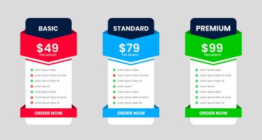Web sitesi fiyatlandırma tablo tasarım şablonu. UI UX uygulama fiyatlandırma tablosu abonelik tasarımı veya Ürün Planı Teklif Paketi Üyelik Seçenekleri Masa Çizelgesi Bilgileri.