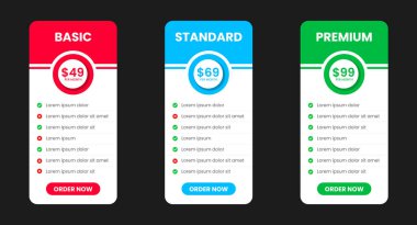 Web sitesi fiyatlandırma tablo tasarım şablonu. UI UX uygulama fiyatlandırma tablosu abonelik tasarımı veya Ürün Planı Teklif Paketi Üyelik Seçenekleri Masa Çizelgesi Bilgileri.