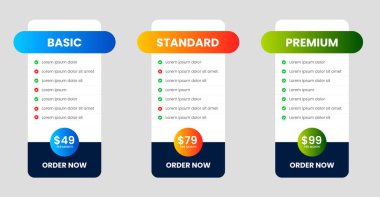 Web sitesi fiyatlandırma tablo tasarım şablonu. UI UX uygulama fiyatlandırma tablosu abonelik tasarımı veya Ürün Planı Teklif Paketi Üyelik Seçenekleri Masa Çizelgesi Bilgileri.