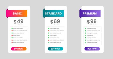 Web sitesi fiyatlandırma tablo tasarım şablonu. UI UX uygulama fiyatlandırma tablosu abonelik tasarımı veya Ürün Planı Teklif Paketi Üyelik Seçenekleri Masa Çizelgesi Bilgileri.