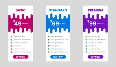 Web sitesi fiyatlandırma tablo tasarım şablonu. UI UX uygulama fiyatlandırma tablosu abonelik tasarımı veya Ürün Planı Teklif Paketi Üyelik Seçenekleri Masa Çizelgesi Bilgileri.