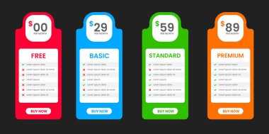 Profesyonel Dört Katlı Üyelik İnternet sitesi Fiyat Tablosu Ücretsiz, Temel Standart ve Premium Planlı. UI UX uygulama fiyatlandırma tablosu veya Ürün Planı Teklif Fiyat Paketi Üyelik Seçeneği.