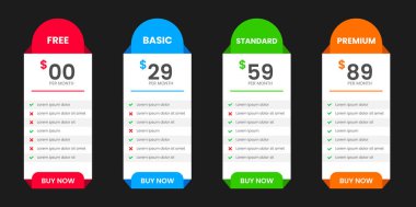 Profesyonel Dört Katlı Üyelik İnternet sitesi Fiyat Tablosu Ücretsiz, Temel Standart ve Premium Planlı. UI UX uygulama fiyatlandırma tablosu veya Ürün Planı Teklif Fiyat Paketi Üyelik Seçeneği.