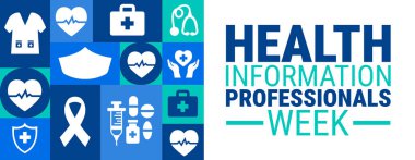 Sağlık Bilgileri Profesyonelleri Haftası Afişi ya da özgeçmişi. Stetoskoplar, Kalp atışları ve Sağlık Hizmeti Uzmanlarının Onur Sembolleri ile Modern Mavi ve Teal Sağlık Simgesi Simgesi