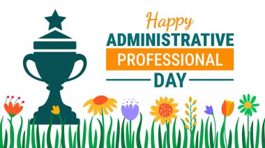 İdari İşler Gününüz kutlu olsun, afiş ya da poster tasarım şablonu. Teal ve Turuncu Tipografi ile Beyaz Grafik Altın Kupa ve Yıldız Resimlerinin yanında.