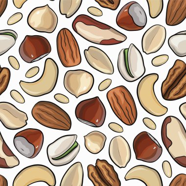 Vektör seamless modeli fındık. fındık, badem, fıstık, ceviz, kaju, çam fıstığı, fıstık, ceviz