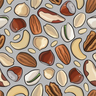 Vektör seamless modeli fındık. fındık, badem, fıstık, ceviz, kaju, çam fıstığı, fıstık, ceviz