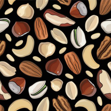 Vektör seamless modeli fındık. fındık, badem, fıstık, ceviz, kaju, çam fıstığı, fıstık, ceviz