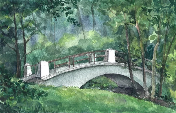 Міст у парку, акварель — стокове фото