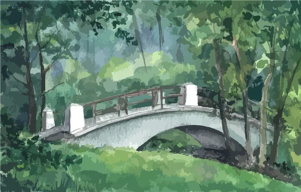 Köprü bir parkta, suluboya