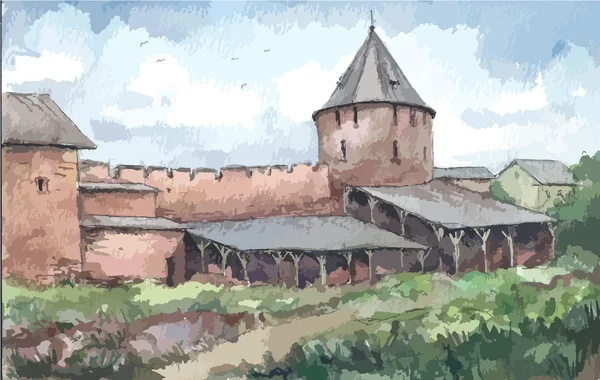 Mur du monastère, aquarelle — Image vectorielle