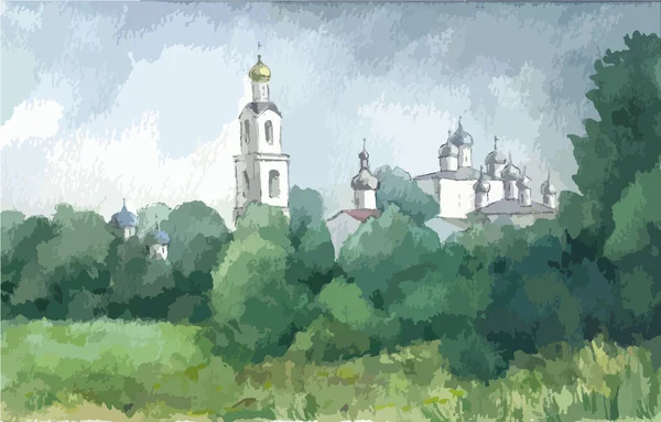 Paysage russe avec un monastère, aquarelle — Image vectorielle