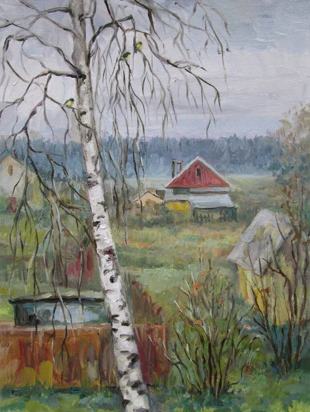 Día gris en el país ruso, noviembre, pintura al óleo —  Fotos de Stock