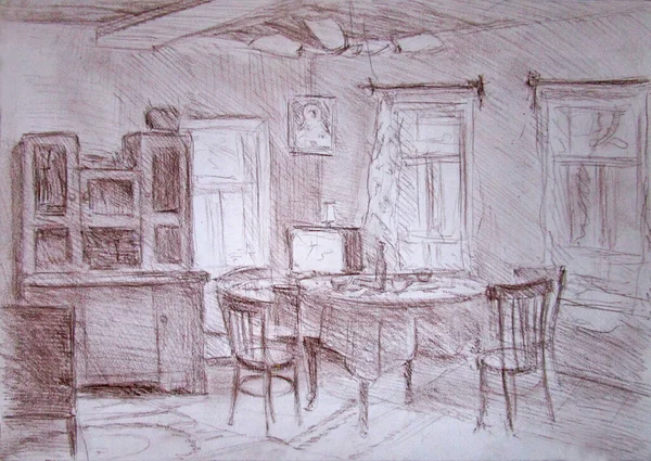 Old house interior, dining room, pastel sketch