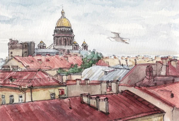 Szentpétervár tetők kilátás nyáron, akvarell vázlat — Stock Fotó