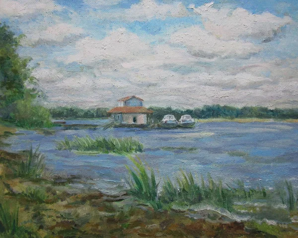 Volga molo del fiume a Samara, giorno d'estate, pittura a olio — Foto Stock