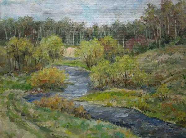 Rivière rapide en mai, printemps en Russie, peinture à l'huile — Photo
