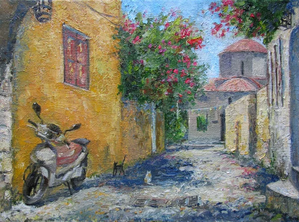 Rodas calle de verano con gatos, pintura al óleo —  Fotos de Stock