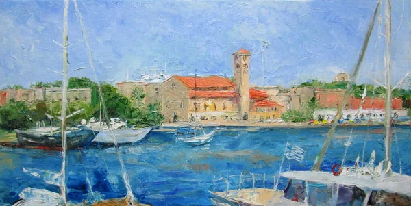 Port na Rodos ze statkami latem, malarstwo olejne — Zdjęcie stockowe