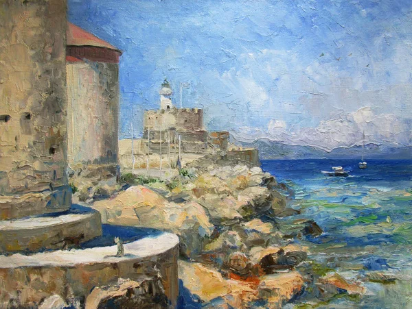 Lighthouse and the sea in Rhodes, Greece, oil painting — стокове фото