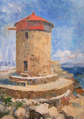 Deniz kenarındaki Rodos değirmeni, yaz, Yunanistan, yağlı boya tablosu