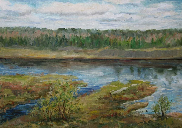 Rio Volga primavera em maio, Rússia, pintura a óleo — Fotografia de Stock