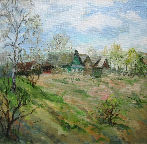 Spring country houses in May, Russia, oil painting — Stock Photo, Image