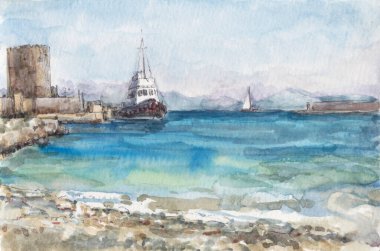 Yazın gemileri olan Rodos Limanı, yağlı boya tabloları